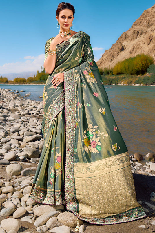 Green Color Silk Fabric Weaving Work Wedding Wear Saree