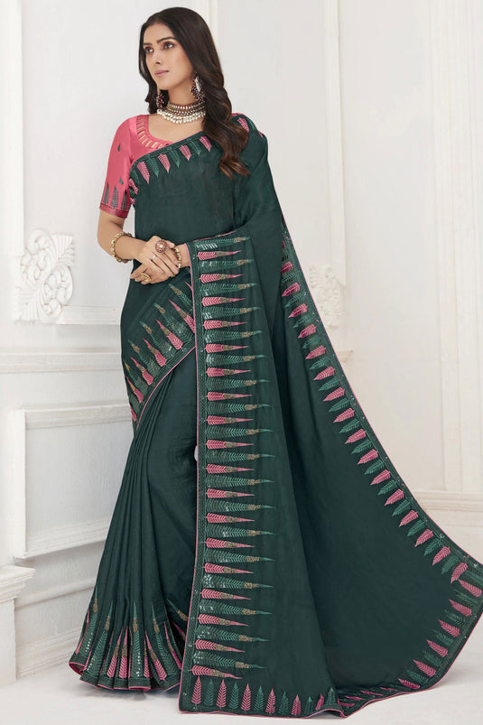 Crepe Fabric Teal Color Delicate Saree With Embroidered Work