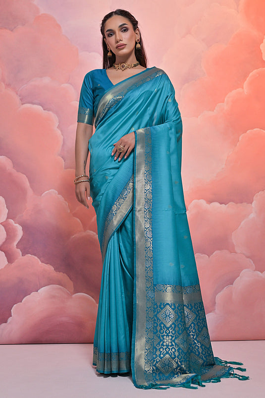 Adorable Cyan Color Function Wear Art Silk Fabric Weaving Work Design Saree