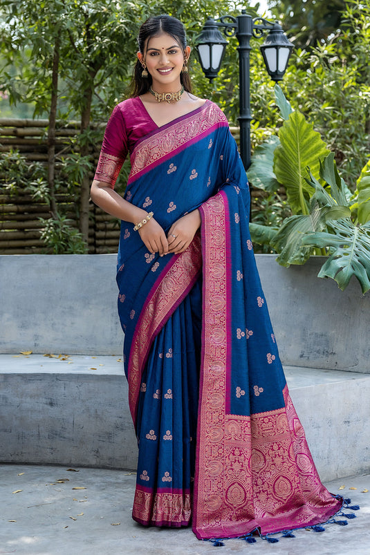 Navy Blue Color Banarasi Art Silk Fabric Fancy Weaving Work Saree