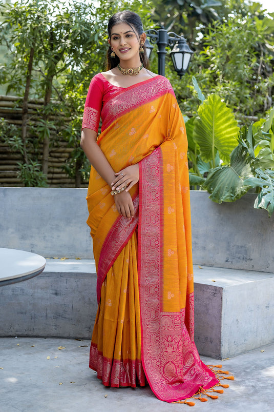 Yellow Color Weaving Work Function Wear Banarasi Art Silk Fabric Saree