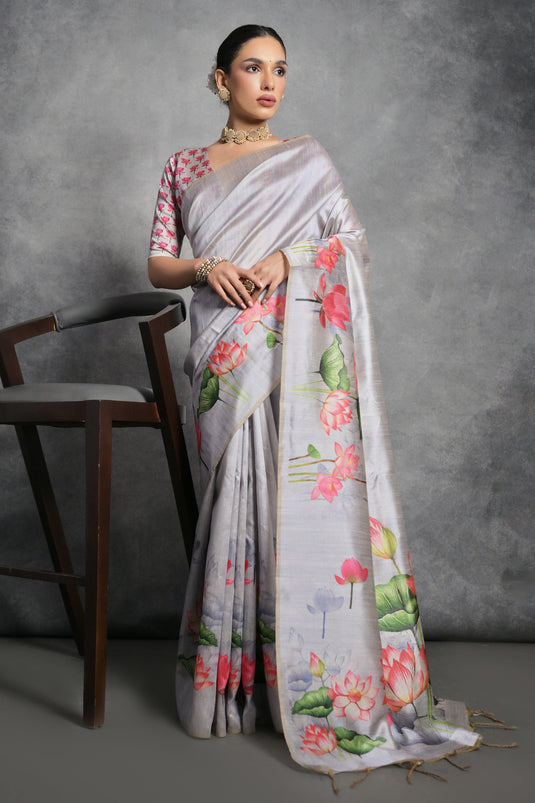 Attractive Grey Color Printed Soft Tussar Silk Simple Saree