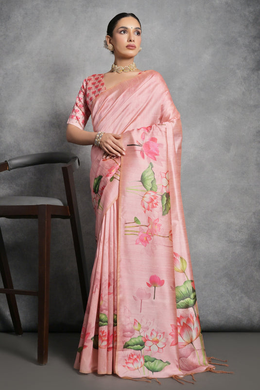 Delightful Peach Color Printed Soft Tussar Silk Casual Saree