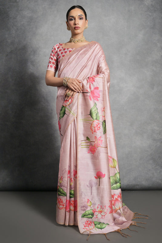 Daily Wear Soft Tussar Silk Printed Pink Color Saree
