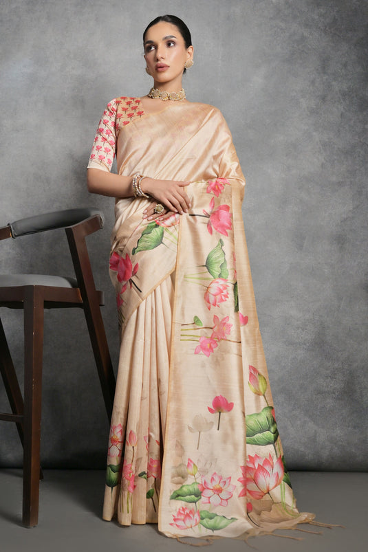 Daily Wear Soft Tussar Silk Yellow Color Printed Saree