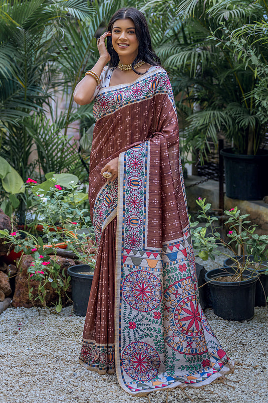 Attractive Brown Color Printed Soft Tussar Silk Simple Saree