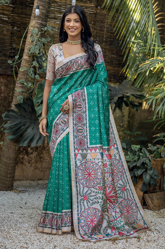 Daily Wear Soft Tussar Silk Printed Green Color Saree
