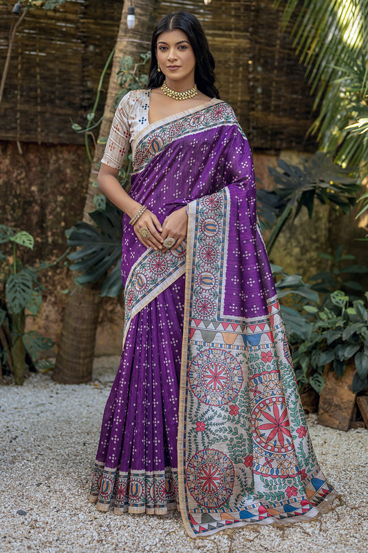 Daily Wear Soft Tussar Silk Purple Color Printed Saree