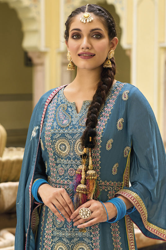 Art Silk Fabric Embroidered Readymade Punjabi Style Palazzo Suit In Teal Color