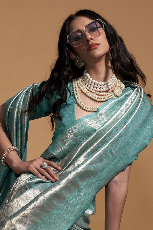Appealing Weaving Work Art Silk Fabric Saree In Cyan Color