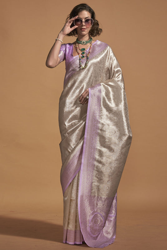 Dazzling Beige Color Weaving Work Saree In Art Silk Fabric