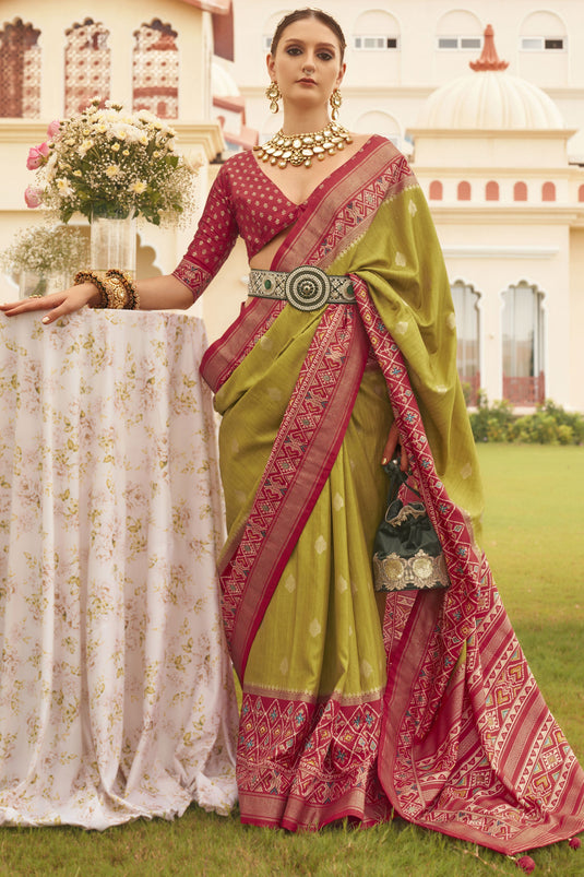 Patola Silk Printed Saree In Green Color