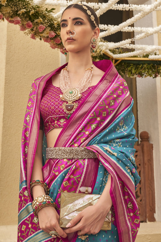 Cyan Patola Silk Designer Saree For Wedding Function