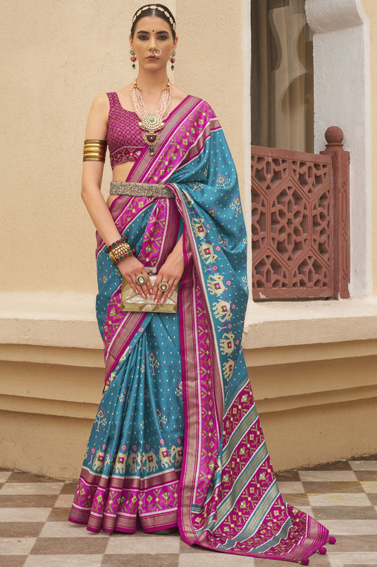 Cyan Patola Silk Designer Saree For Wedding Function