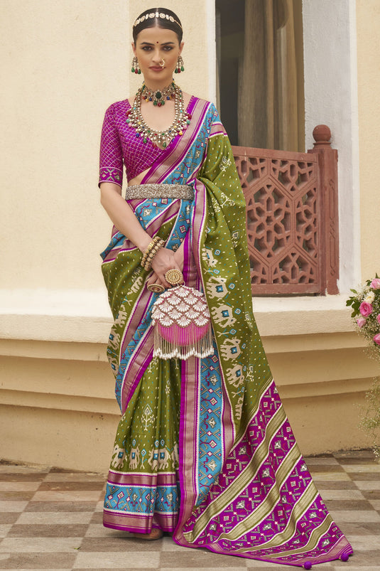 Adorable Green Color Function Wear Patola Silk Design Printed Saree