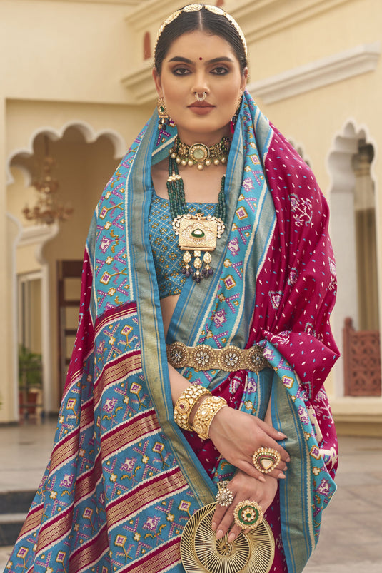 Rani Color Printed Function Wear Patola Silk Saree