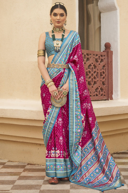 Rani Color Printed Function Wear Patola Silk Saree