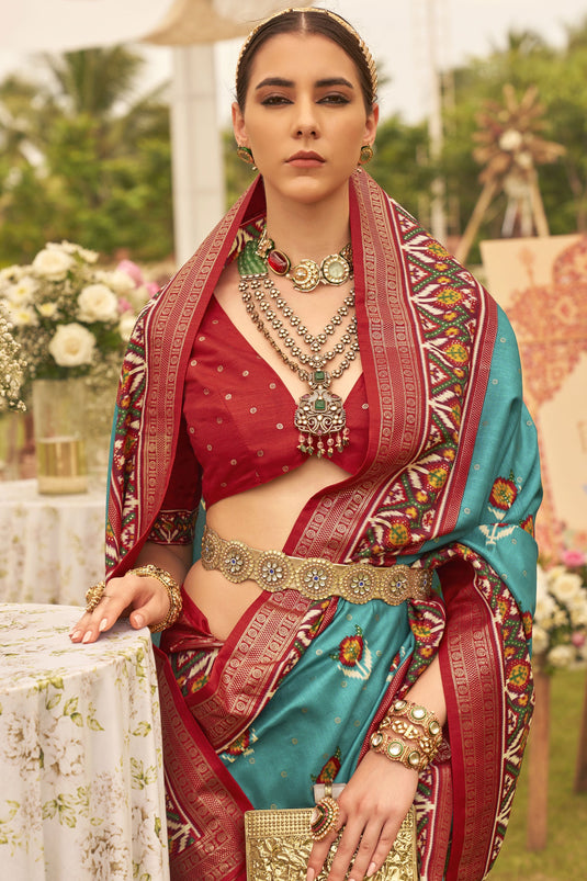 Cyan Color Printed Patola Silk Traditional Festive Wear Saree