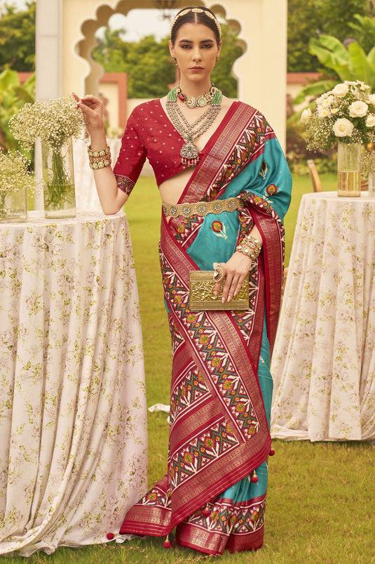 Cyan Color Printed Patola Silk Traditional Festive Wear Saree