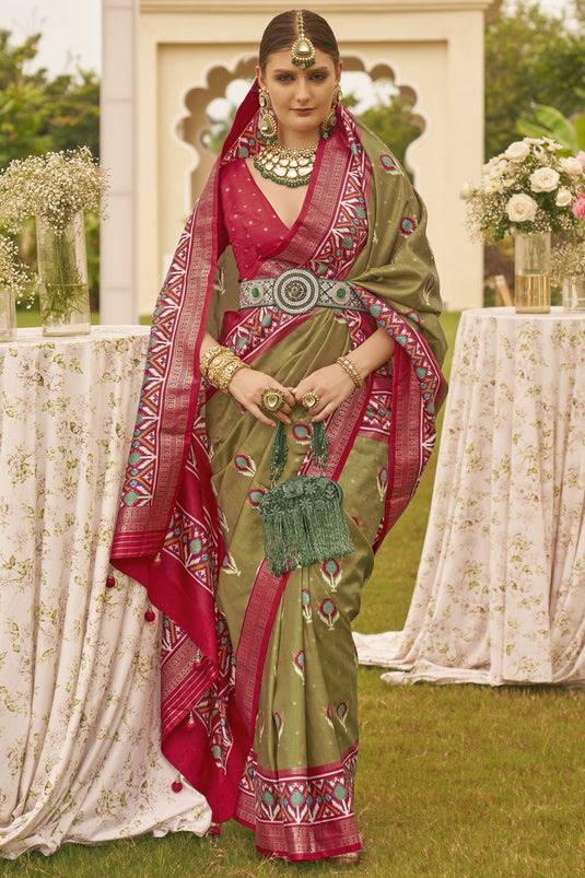 Green Color Sangeet Wear Patola Silk Printed Designer Saree