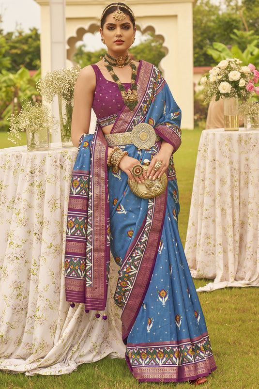 Traditional Patola Silk Printed Sky Blue Saree