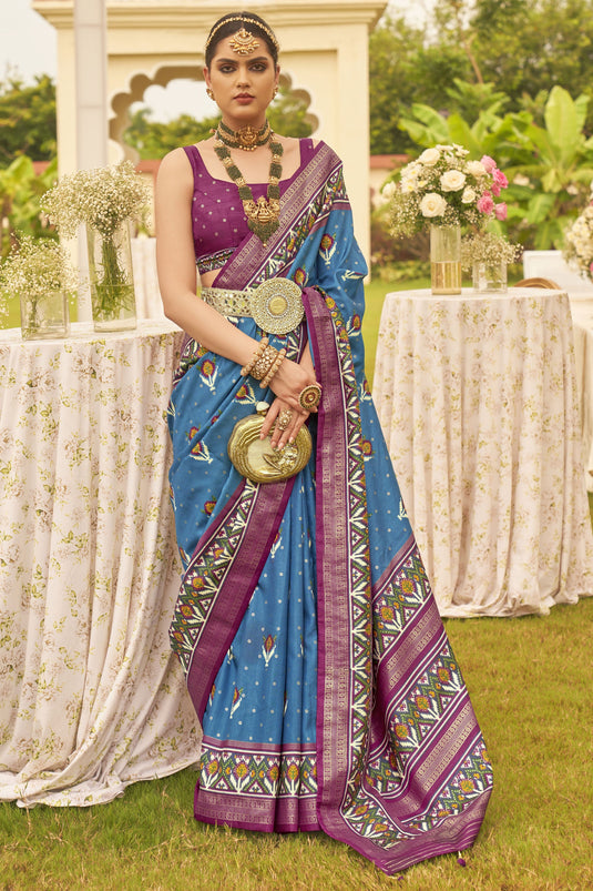 Traditional Patola Silk Printed Sky Blue Saree