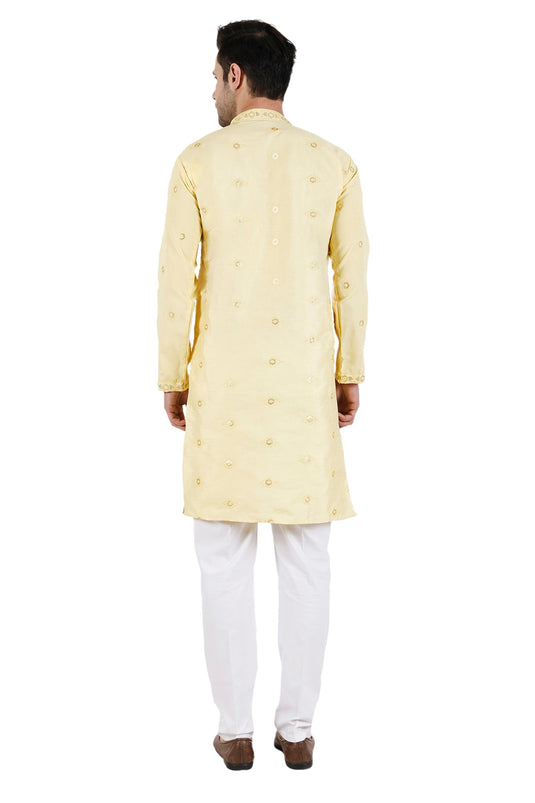 Art Silk Fabric Beige Color Festive Wear Readymade Men Stylish Kurta Pyjama