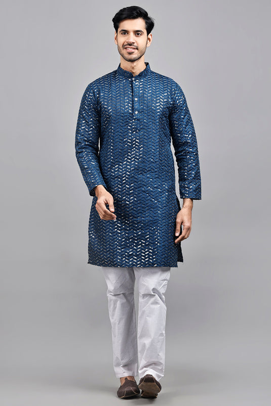 Blue Color Engaging Art Silk Fabric Festive Wear Readymade Kurta Pyjama For Men