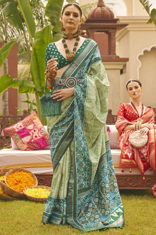 Function Wear Sea Green Color Art Silk Fabric Designer Printed Patola Saree