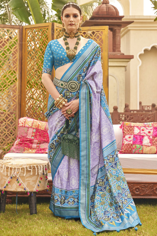 Attractive Lavender Color Printed Patola Art Silk Fabric Saree