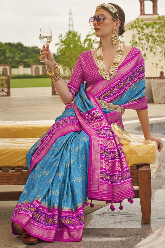 Printed Patola Silk Fabric Saree In Sky Blue Color