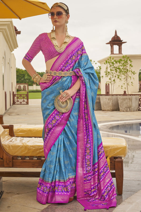 Printed Patola Silk Fabric Saree In Sky Blue Color