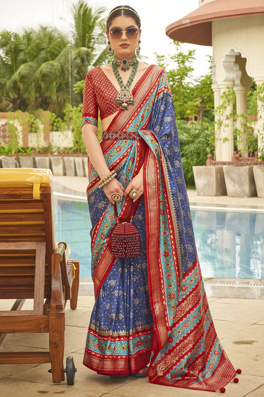 Attractive Blue Color Printed Patola Silk Fabric Saree