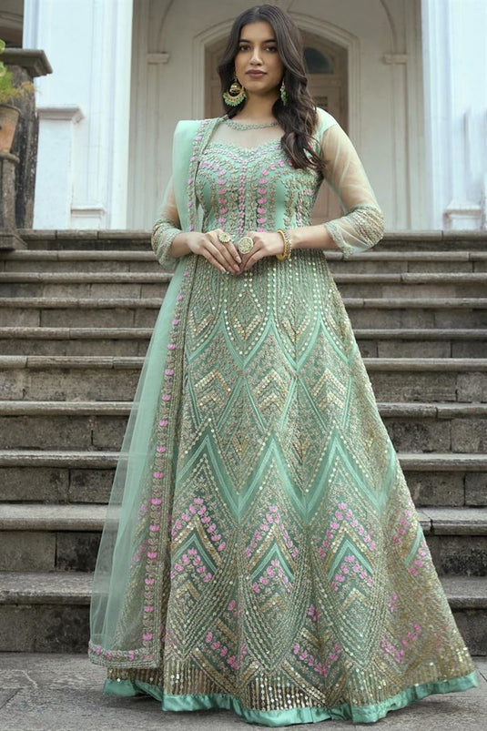 Incredible Sea Green Color Embroidered Net Anarkali Suit