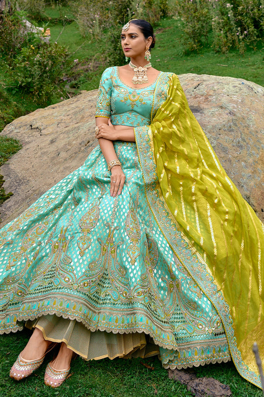 Sea Green Color Designer Bridal Lehenga Choli With Embroidery Work Silk Fabric