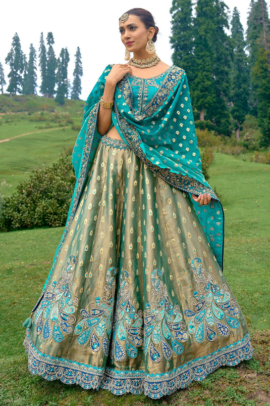 Silk Fabric Bridal Lehenga Choli With Embroidery Work In Cyan Color