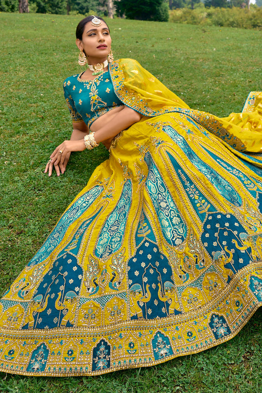 Silk Fabric Heavy Embroidery Work Yellow Color Bridal Look Designer Lehenga Choli