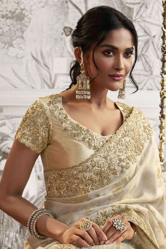Heavy Embroidery Work Winsome Beige Color Fancy Fabric Saree With Party Look Blouse
