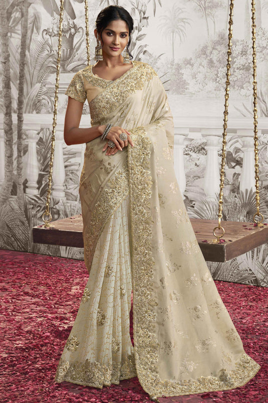 Heavy Embroidery Work Winsome Beige Color Fancy Fabric Saree With Party Look Blouse