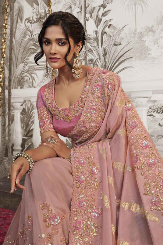 Marvelous Heavy Embroidery Work Fancy Fabric Pink Color Saree With Party Look Blouse