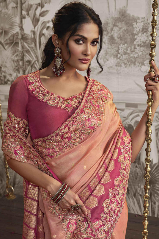 Radiant Pink Color Heavy Embroidery Work Fancy Fabric Saree With Party Look Blouse