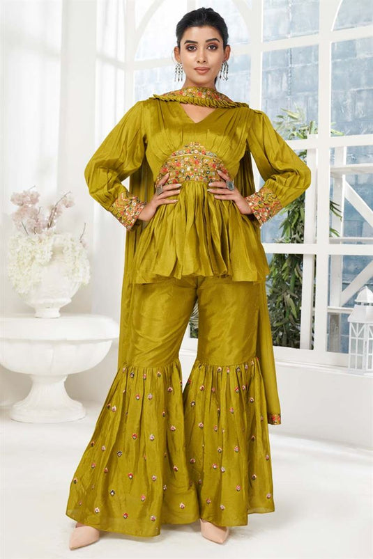 Party Wear Mehendi Green Color Chinon Fabric Ingenious Salwar Suit With Embroidered Work