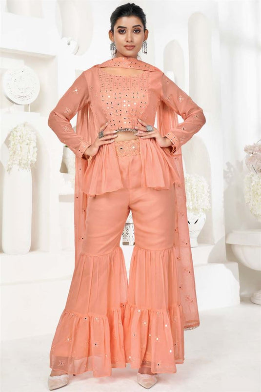 Georgette Fabric Peach Color Party Wear Bewitching Salwar Suit With Embroidered Work