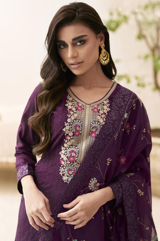 Purple Color Festive Wear Art Silk Fabric Embroidered Palazzo Salwar Kameez
