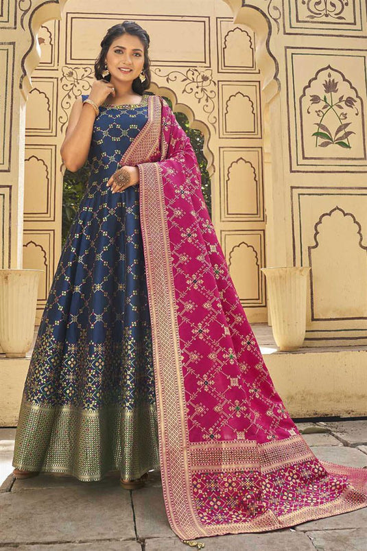 Art Silk Fabric Festival Wear Vivacious Gown With Dupatta In Navy Blue Color