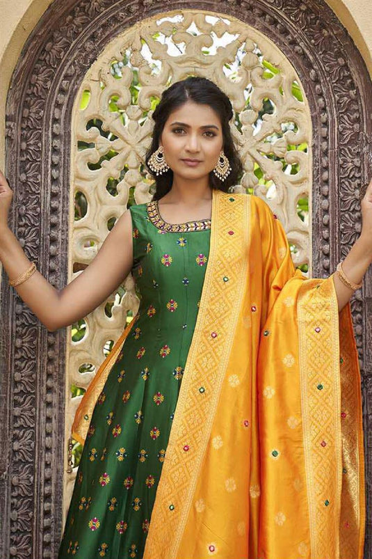 Green Color Art Silk Fabric Festival Wear Amazing Gown With Dupatta