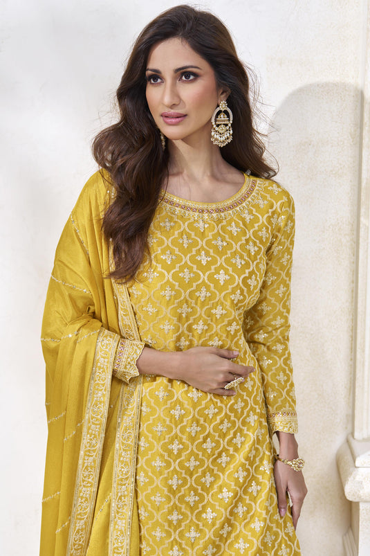 Chinon Silk Fabric Yellow Color Function Wear Readymade Designer Sharara Top Lehenga