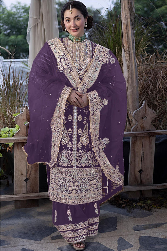 Dazzling Georgette Fabric Lavender Color Pakistani Replica Palazzo Suit