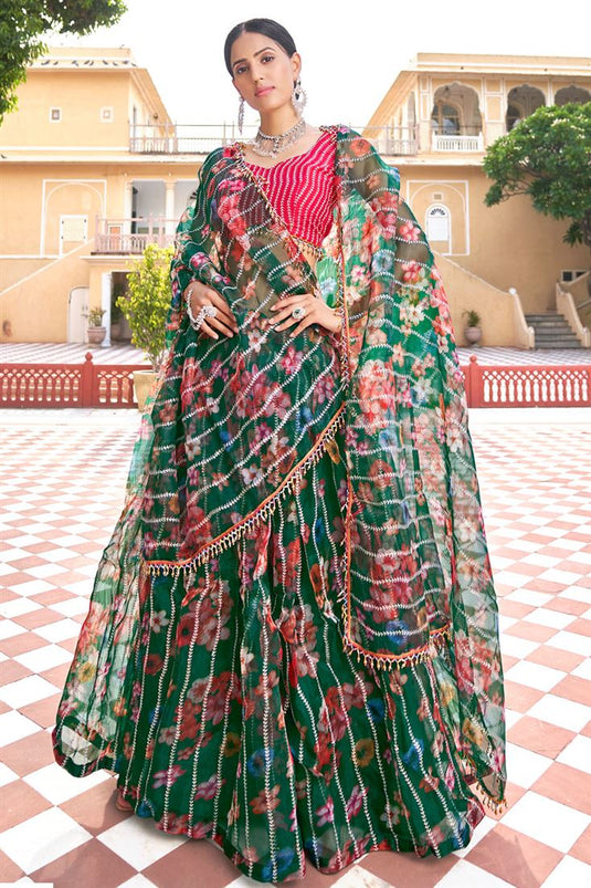 Beauteous Green Color Organza Fabric Sangeet Wear Lehenga
