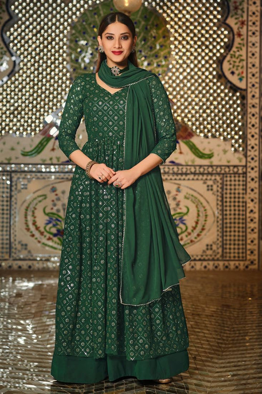 Green Color Sequins Work Magnificent Sharara Top Lehenga